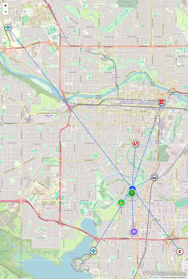 Daily accessibility map for 514 BRUNSWICK AV SW, Calgary showing nearby schools, grocery stores, parks, LRT stations and nearby amenities