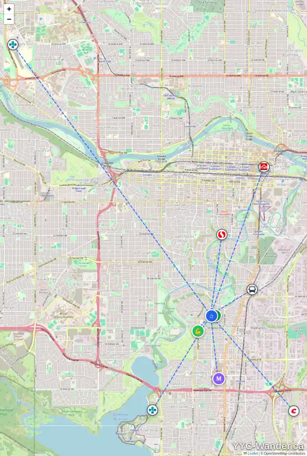 Daily accessibility map for 604 47 AV SW, Calgary showing nearby schools, grocery stores, parks, LRT stations and nearby amenities