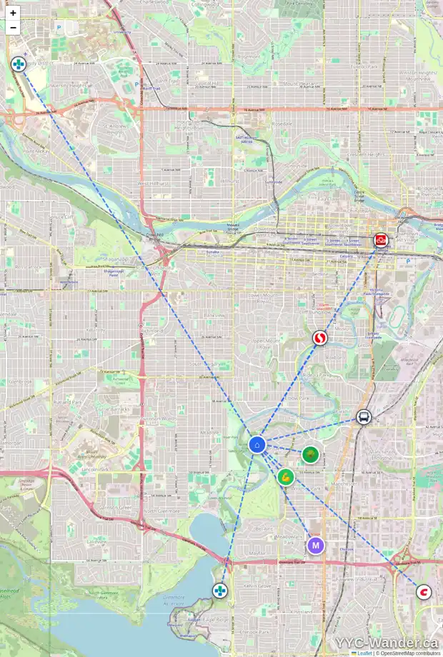 Daily accessibility map for 4604 BRITANNIA DR SW, Calgary showing nearby schools, grocery stores, parks, LRT stations and nearby amenities