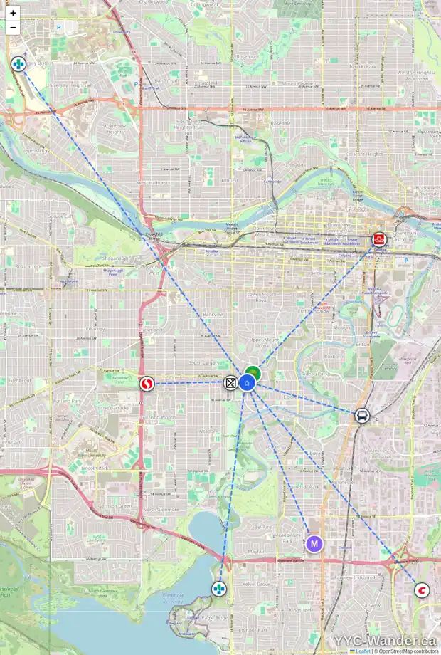 Daily accessibility map for 3603 12 ST SW, Calgary showing nearby schools, grocery stores, parks, LRT stations and nearby amenities