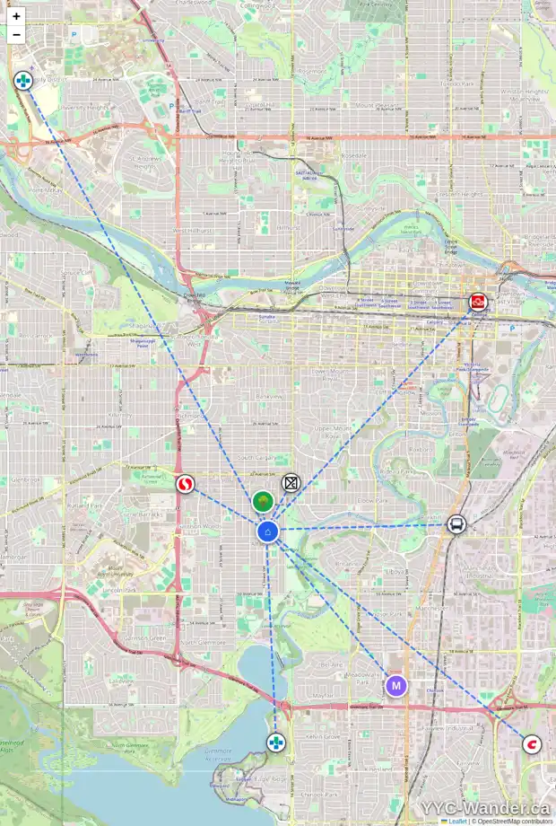 Daily accessibility map for 4208 16 ST SW, Calgary showing nearby schools, grocery stores, parks, LRT stations and nearby amenities