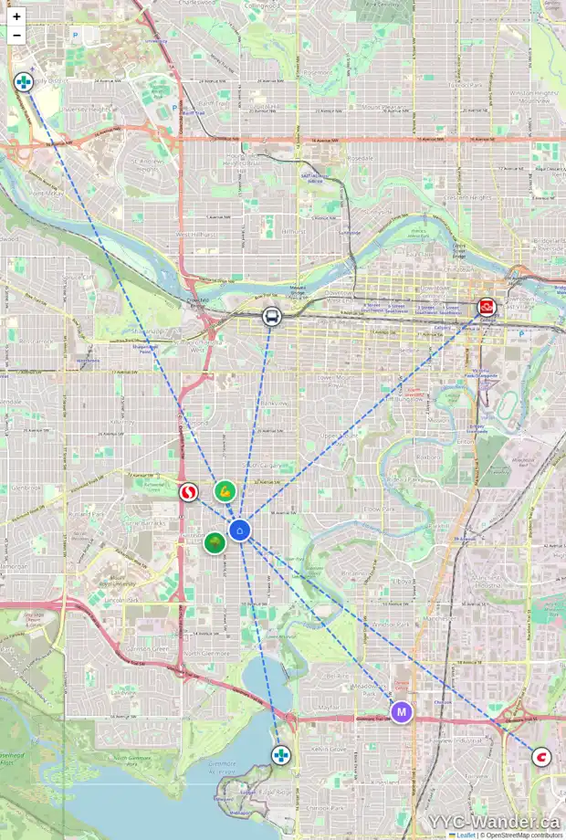 Daily accessibility map for 4019 19 ST SW, Calgary showing nearby schools, grocery stores, parks, LRT stations and nearby amenities
