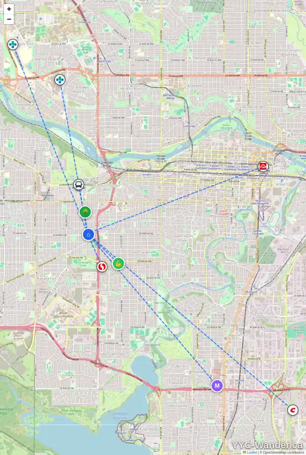 Daily accessibility map for 2634 25A ST SW, Calgary showing nearby schools, grocery stores, parks, LRT stations and nearby amenities