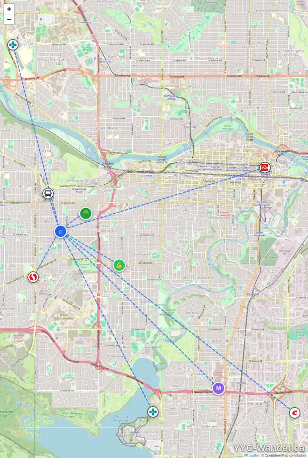 Daily accessibility map for 2604 31 ST SW, Calgary showing nearby schools, grocery stores, parks, LRT stations and nearby amenities