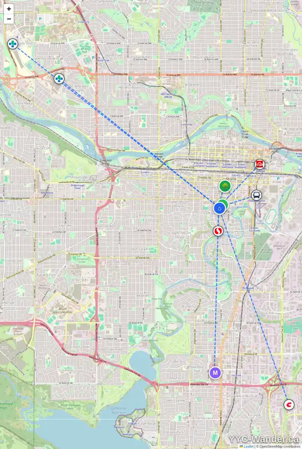 Daily accessibility map for 515 19 AV SW, Calgary showing nearby schools, grocery stores, parks, LRT stations and nearby amenities