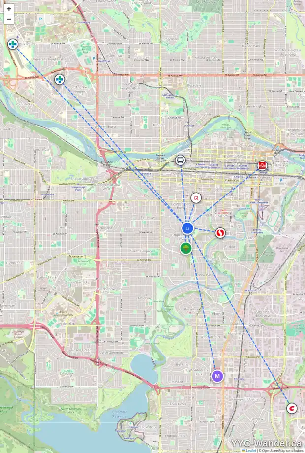 Daily accessibility map for 1028 HILLCREST AV SW, Calgary showing nearby schools, grocery stores, parks, LRT stations and nearby amenities