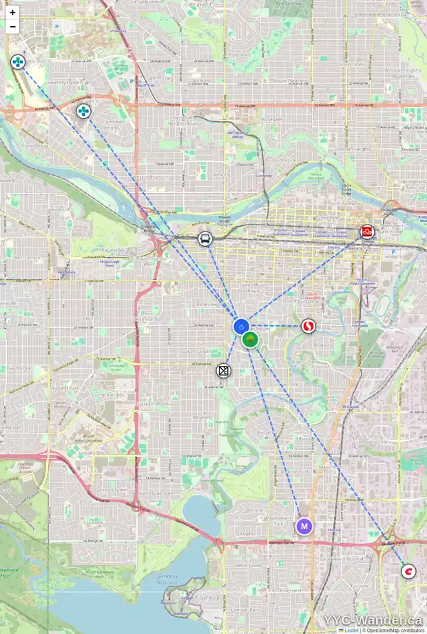 Daily accessibility map for 1312 FRONTENAC AV SW, Calgary showing nearby schools, grocery stores, parks, LRT stations and nearby amenities