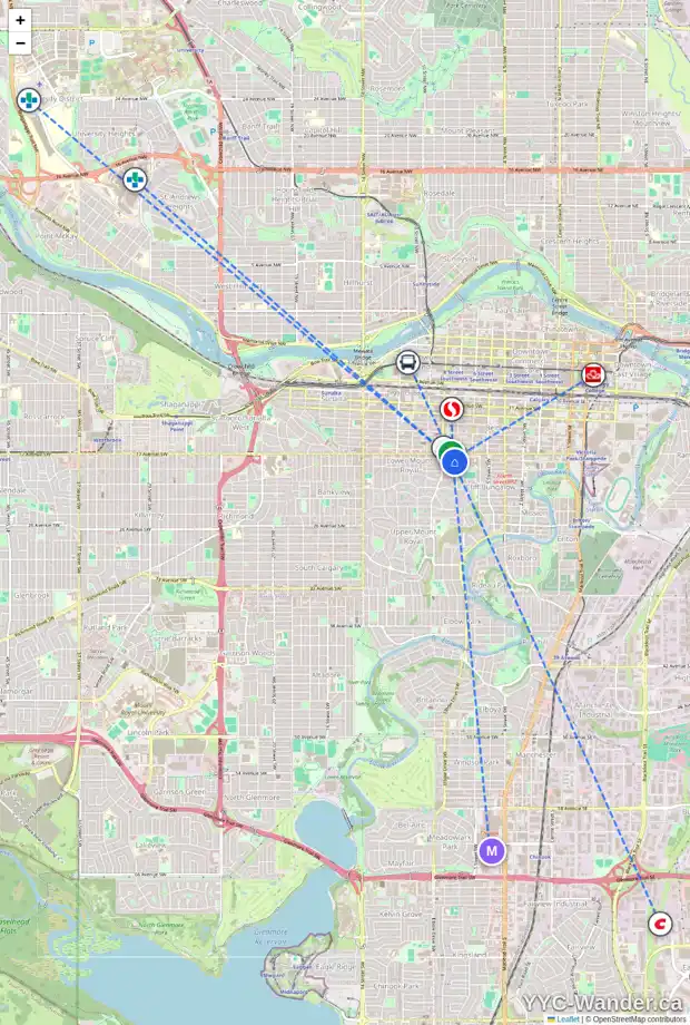 Daily accessibility map for 812 18 AV SW, Calgary showing nearby schools, grocery stores, parks, LRT stations and nearby amenities