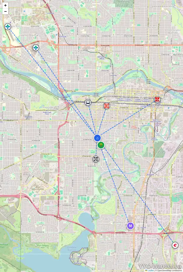 Daily accessibility map for 2703 WOLFE ST SW, Calgary showing nearby schools, grocery stores, parks, LRT stations and nearby amenities
