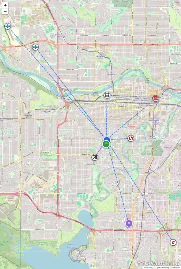 Daily accessibility map for 1124 FRONTENAC AV SW, Calgary showing nearby schools, grocery stores, parks, LRT stations and nearby amenities