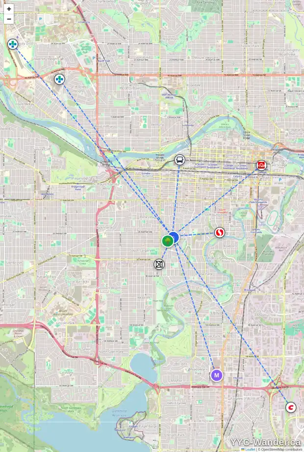 Daily accessibility map for 2708 MONTCALM CR SW, Calgary showing nearby schools, grocery stores, parks, LRT stations and nearby amenities