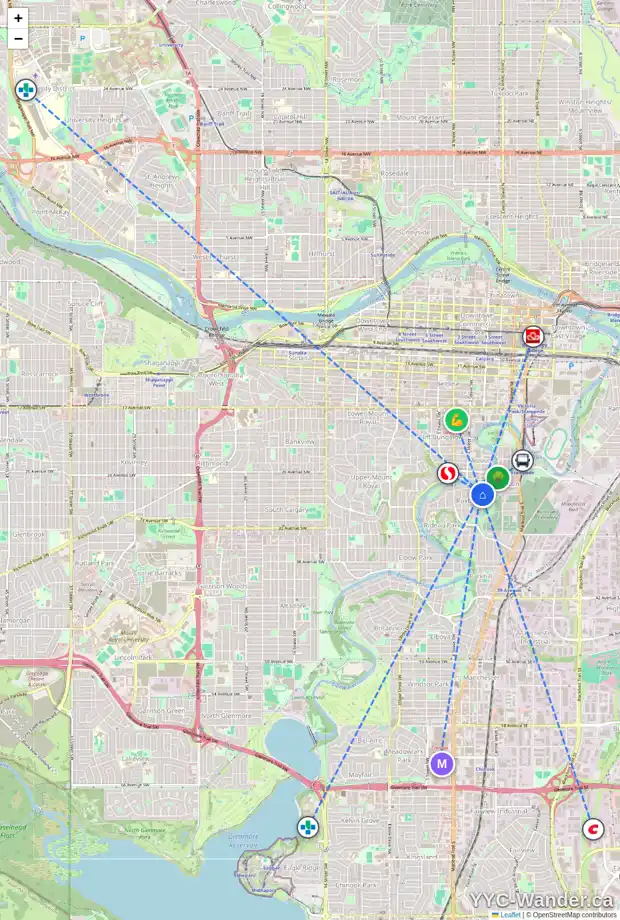 Daily accessibility map for 117 ROXBORO RD SW, Calgary showing nearby schools, grocery stores, parks, LRT stations and nearby amenities