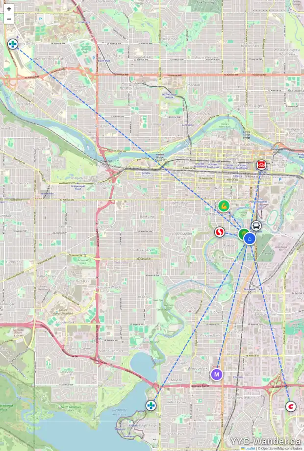 Daily accessibility map for 50 28 AV SW, Calgary showing nearby schools, grocery stores, parks, LRT stations and nearby amenities