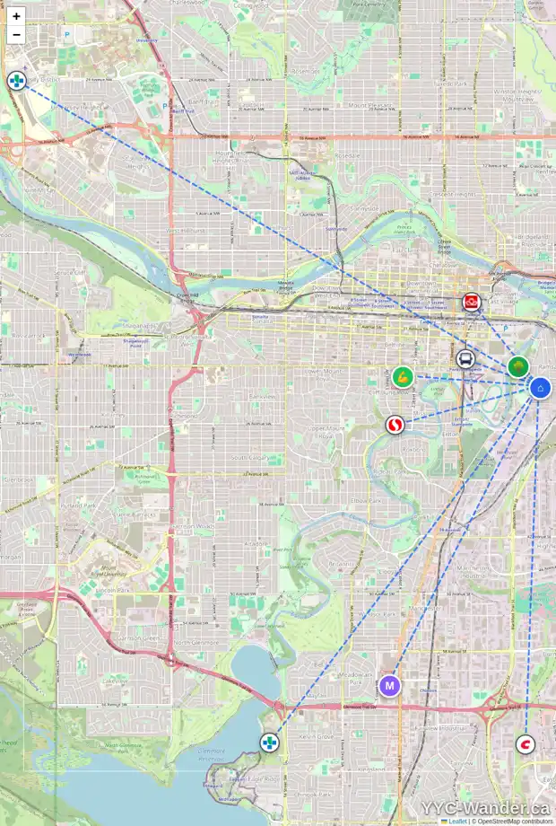 Daily accessibility map for 1922 ALEXANDER ST SE, Calgary showing nearby schools, grocery stores, parks, LRT stations and nearby amenities
