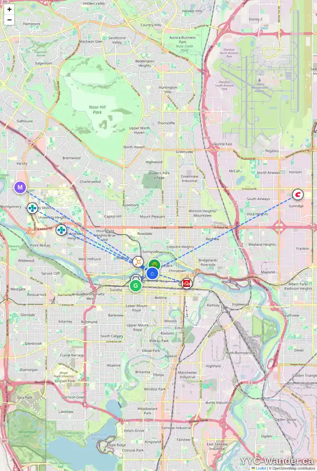 Daily accessibility map for 744 4 AV SW, Calgary showing nearby schools, grocery stores, parks, LRT stations and nearby amenities