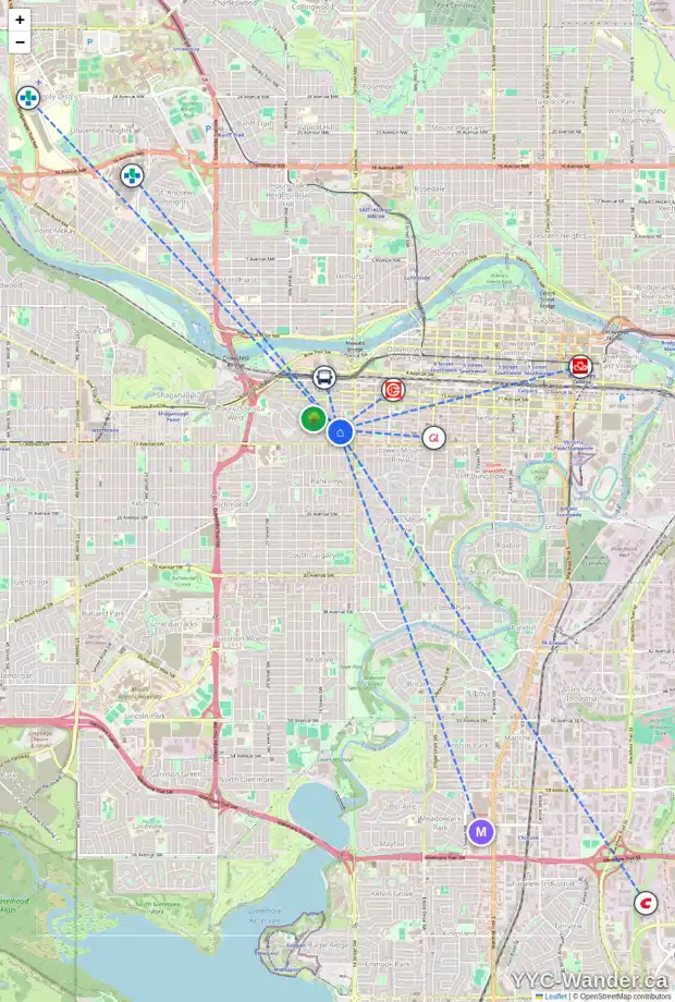 Daily accessibility map for 1607 15 AV SW, Calgary showing nearby schools, grocery stores, parks, LRT stations and nearby amenities