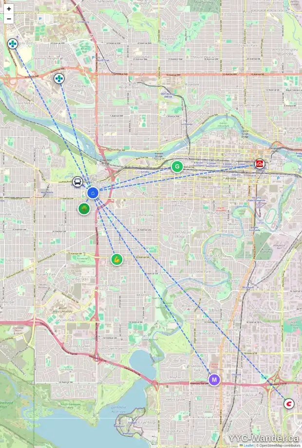 Daily accessibility map for 1705 24A ST SW, Calgary showing nearby schools, grocery stores, parks, LRT stations and nearby amenities