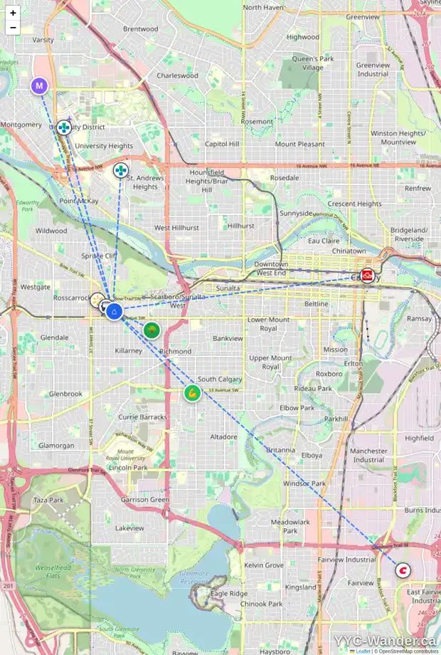 Daily accessibility map for 1707 32 ST SW, Calgary showing nearby schools, grocery stores, parks, LRT stations and nearby amenities