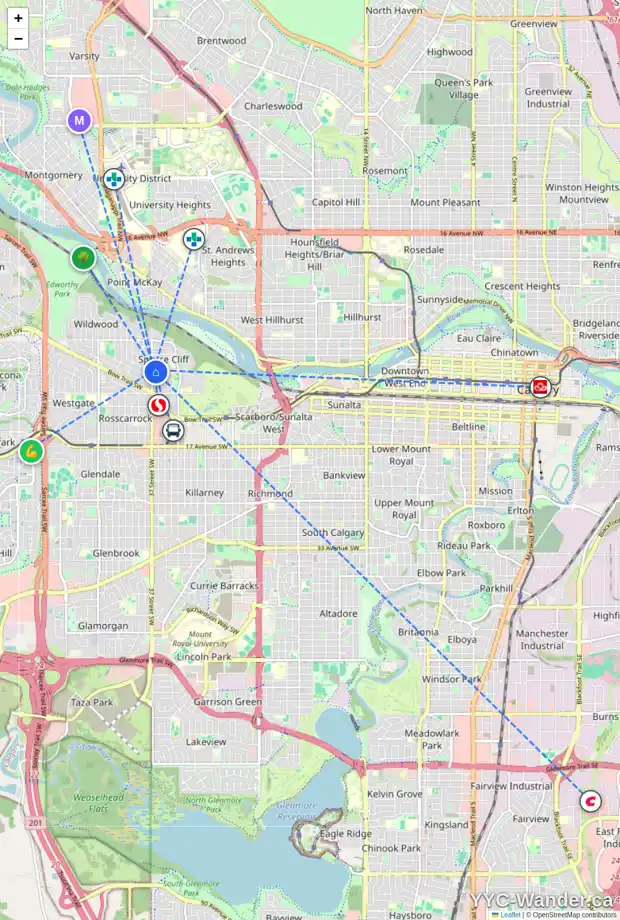 Daily accessibility map for 524 37 ST SW, Calgary showing nearby schools, grocery stores, parks, LRT stations and nearby amenities