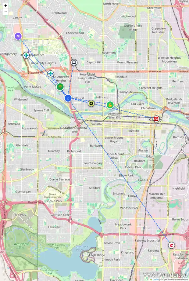 Daily accessibility map for 2540 3 AV NW, Calgary showing nearby schools, grocery stores, parks, LRT stations and nearby amenities