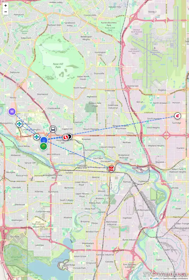 Daily accessibility map for 2811 14 AV NW, Calgary showing nearby schools, grocery stores, parks, LRT stations and nearby amenities