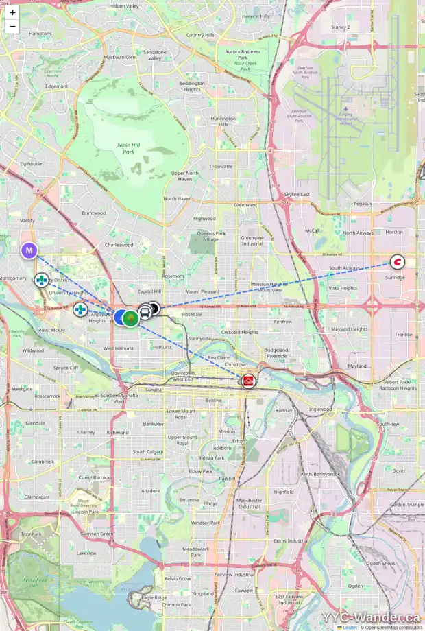 Daily accessibility map for 1403 22 ST NW, Calgary showing nearby schools, grocery stores, parks, LRT stations and nearby amenities