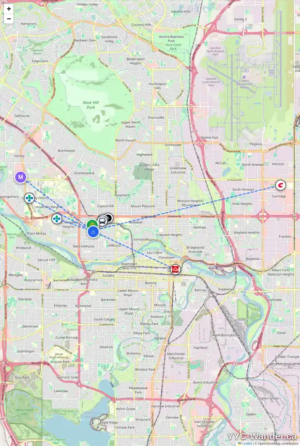 Daily accessibility map for 2027 BRIAR CR NW, Calgary showing nearby schools, grocery stores, parks, LRT stations and nearby amenities