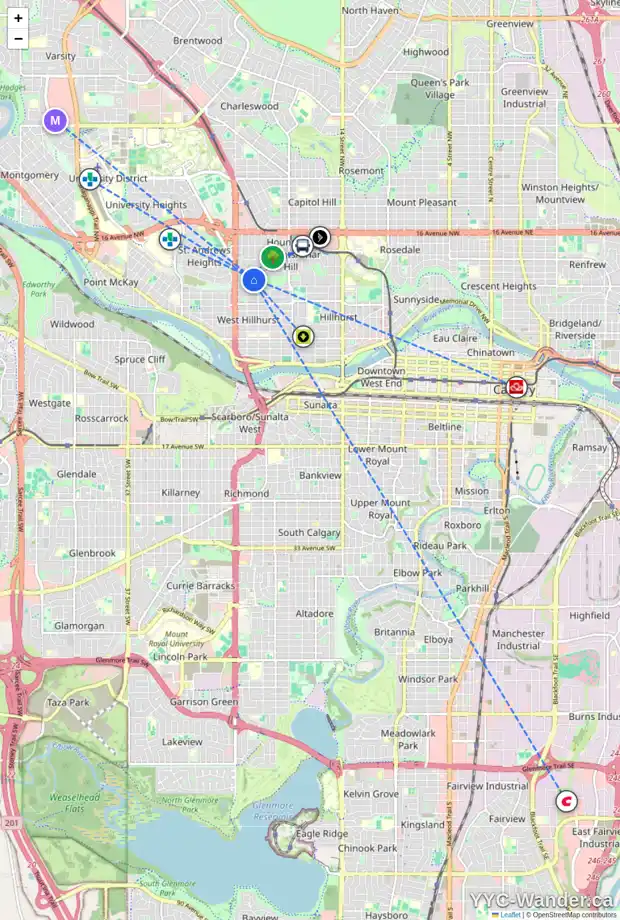 Daily accessibility map for 1007 22 ST NW, Calgary showing nearby schools, grocery stores, parks, LRT stations and nearby amenities