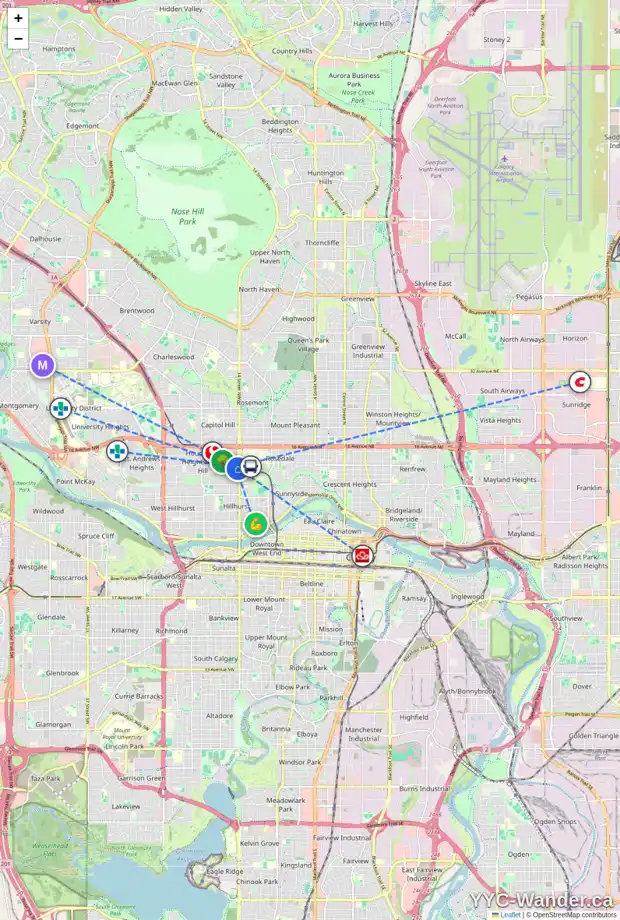 Daily accessibility map for 1320 15 ST NW, Calgary showing nearby schools, grocery stores, parks, LRT stations and nearby amenities