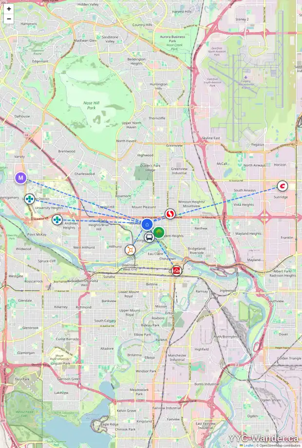 Daily accessibility map for 1415 6 ST NW, Calgary showing nearby schools, grocery stores, parks, LRT stations and nearby amenities