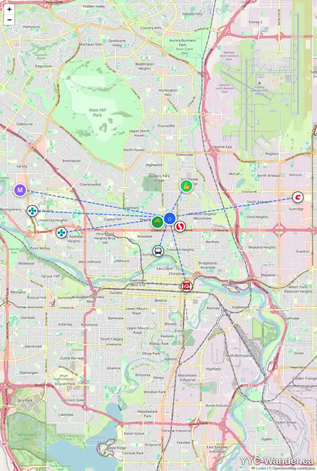 Daily accessibility map for 404 21 AV NW, Calgary showing nearby schools, grocery stores, parks, LRT stations and nearby amenities