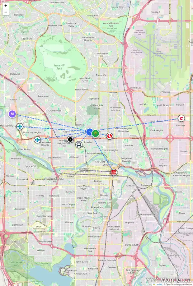 Daily accessibility map for 839 21 AV NW, Calgary showing nearby schools, grocery stores, parks, LRT stations and nearby amenities