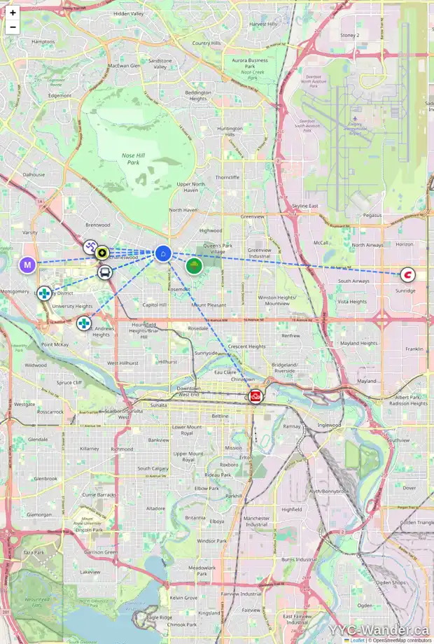 Daily accessibility map for 34 CHELTENHAM RD NW, Calgary showing nearby schools, grocery stores, parks, LRT stations and nearby amenities