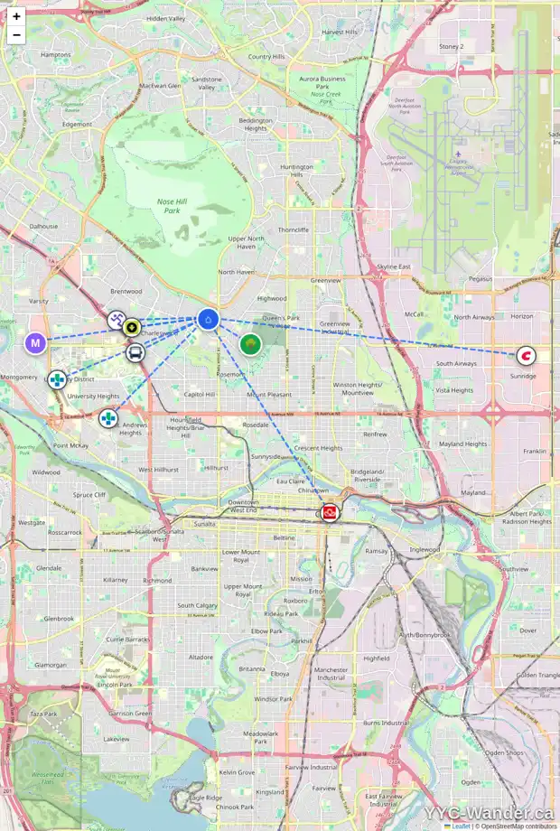 Daily accessibility map for 4007 COMANCHE RD NW, Calgary showing nearby schools, grocery stores, parks, LRT stations and nearby amenities