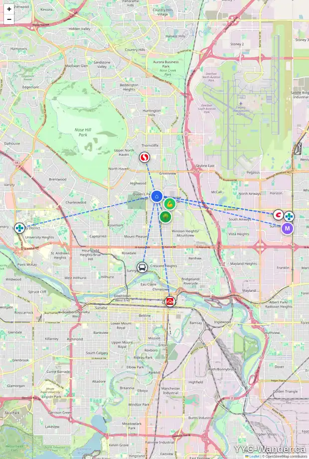 Daily accessibility map for 3827 1 ST NW, Calgary showing nearby schools, grocery stores, parks, LRT stations and nearby amenities