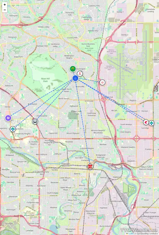 Daily accessibility map for 703 HUNTS CR NW, Calgary showing nearby schools, grocery stores, parks, LRT stations and nearby amenities
