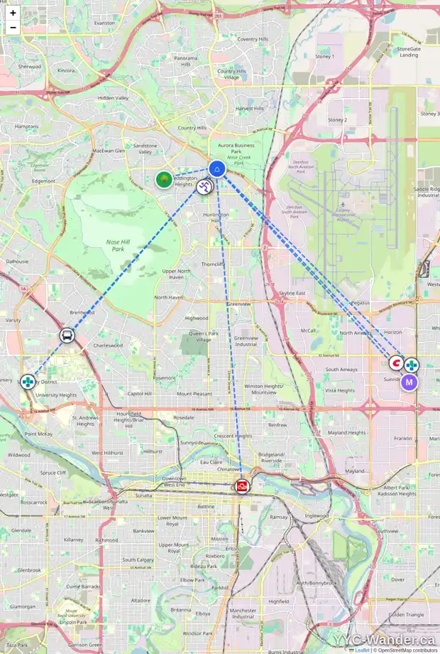 Daily accessibility map for 220 BEDDINGTON CI NE, Calgary showing nearby schools, grocery stores, parks, LRT stations and nearby amenities