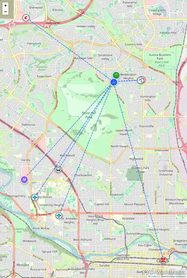 Daily accessibility map for 60 BERMONDSEY CO NW, Calgary showing nearby schools, grocery stores, parks, LRT stations and nearby amenities