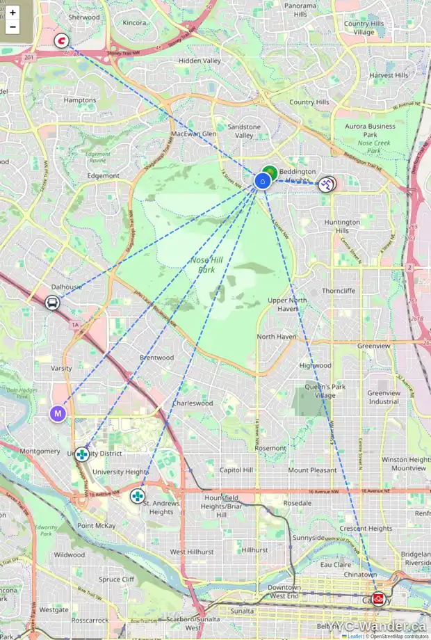 Daily accessibility map for 83 BEACHAM RI NW, Calgary showing nearby schools, grocery stores, parks, LRT stations and nearby amenities