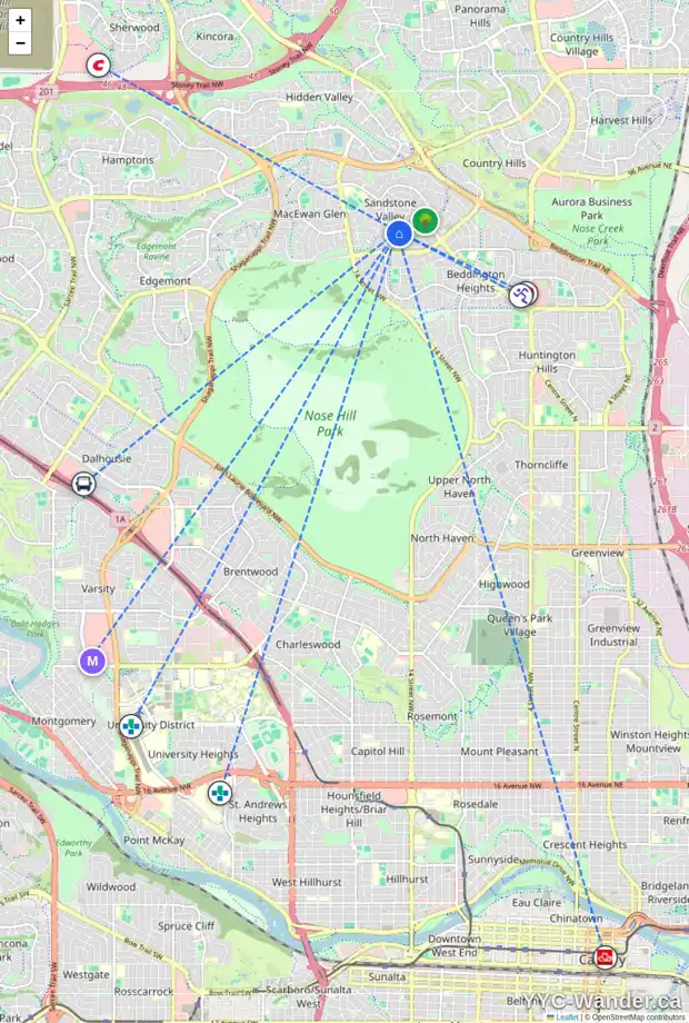 Daily accessibility map for 119 SANDARAC PL NW, Calgary showing nearby schools, grocery stores, parks, LRT stations and nearby amenities