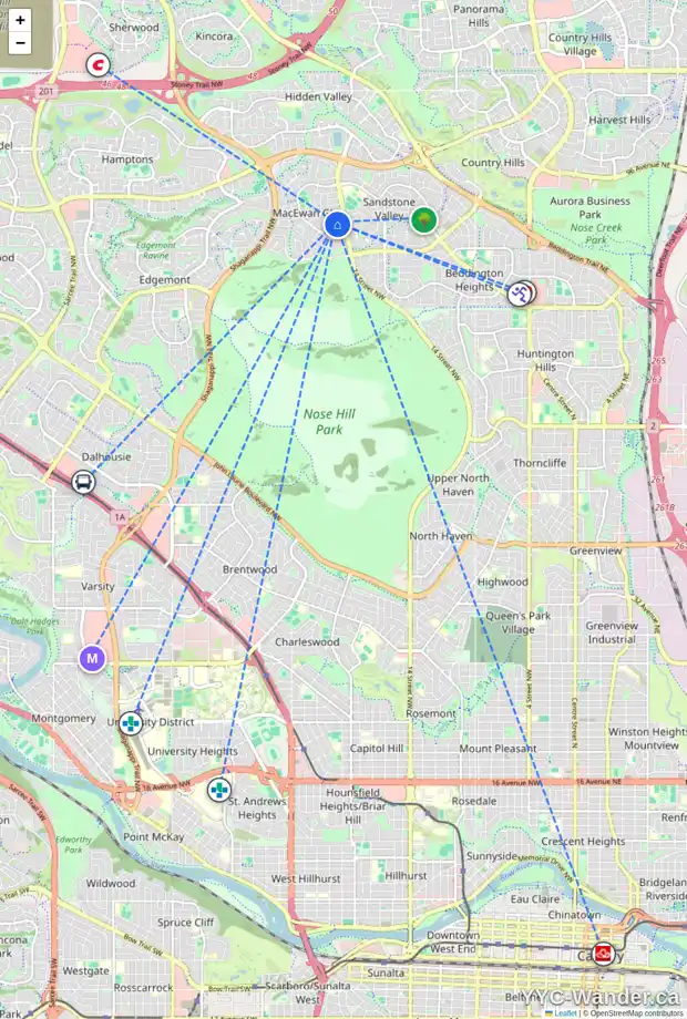 Daily accessibility map for 108 MACEWAN PARK WY NW, Calgary showing nearby schools, grocery stores, parks, LRT stations and nearby amenities