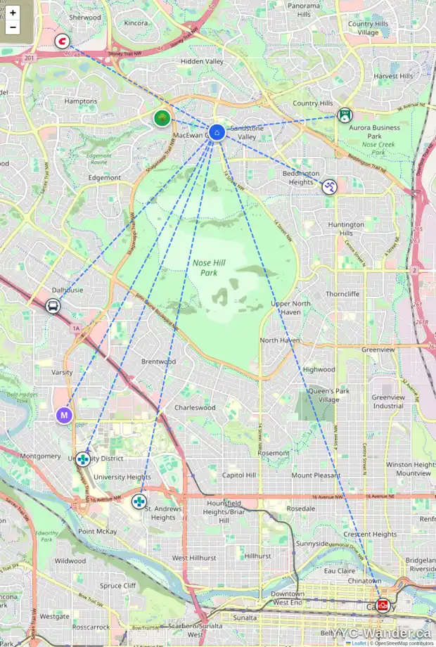 Daily accessibility map for 115 MACEWAN MEADOW CR NW, Calgary showing nearby schools, grocery stores, parks, LRT stations and nearby amenities