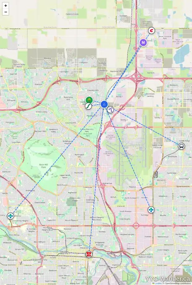 Daily accessibility map for 100 COVINGTON RD NE, Calgary showing nearby schools, grocery stores, parks, LRT stations and nearby amenities