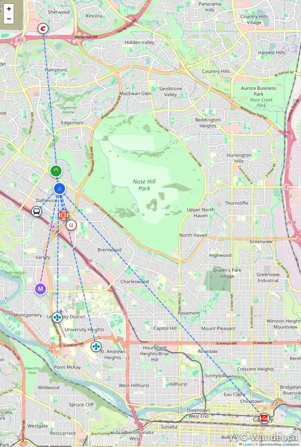 Daily accessibility map for 6416 DALSBY RD NW, Calgary showing nearby schools, grocery stores, parks, LRT stations and nearby amenities