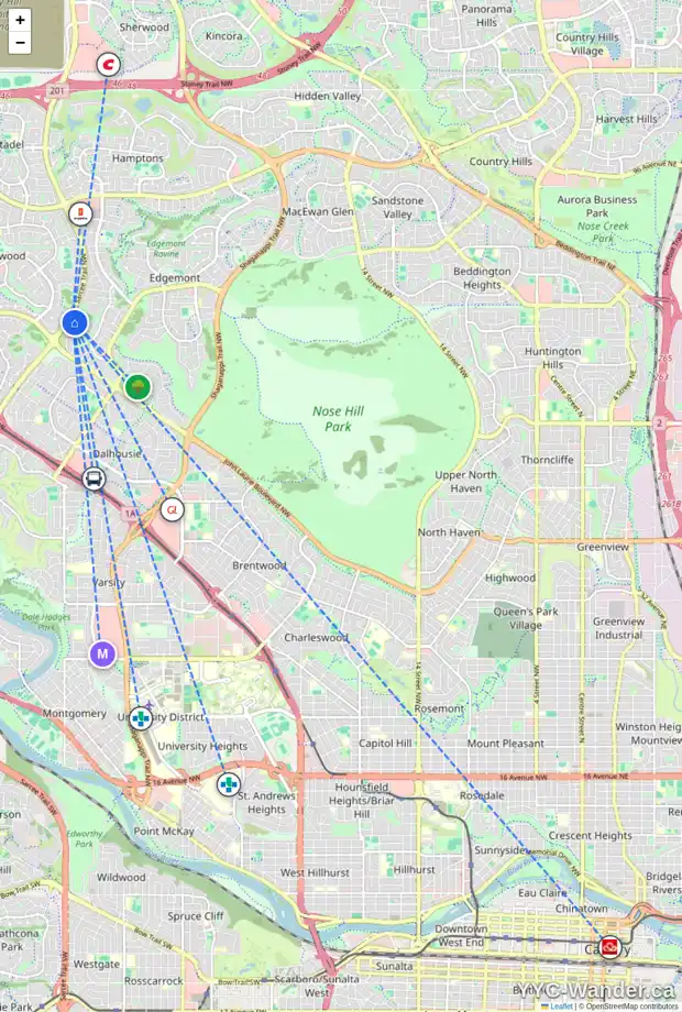 Daily accessibility map for 180 EDGEHILL DR NW, Calgary showing nearby schools, grocery stores, parks, LRT stations and nearby amenities
