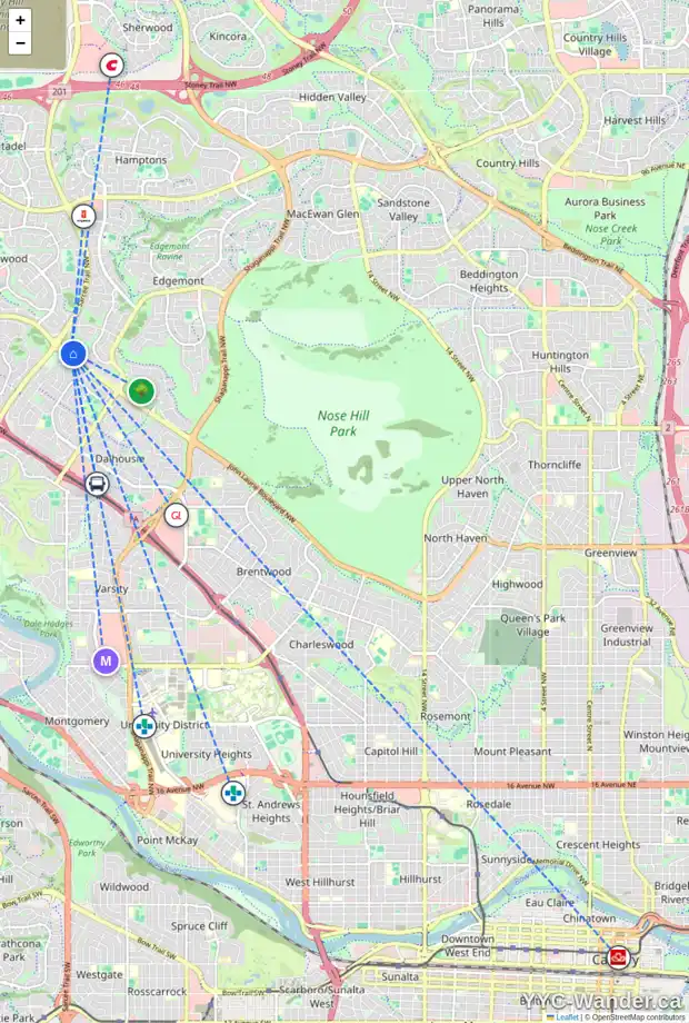 Daily accessibility map for 91 EDGEHILL DR NW, Calgary showing nearby schools, grocery stores, parks, LRT stations and nearby amenities