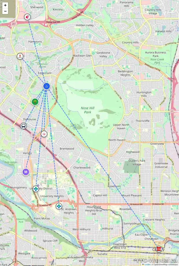 Daily accessibility map for 228 EDCATH PL NW, Calgary showing nearby schools, grocery stores, parks, LRT stations and nearby amenities