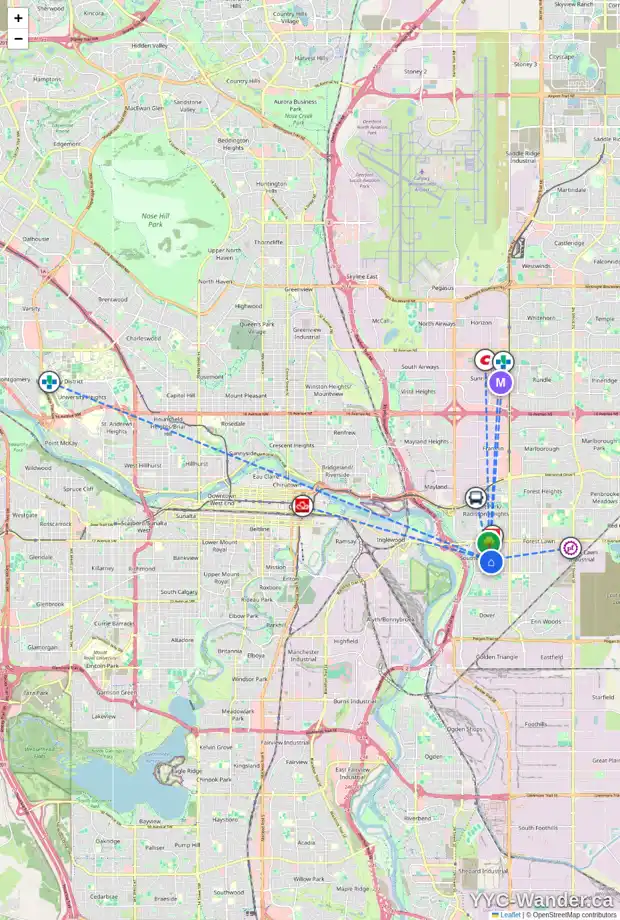 Daily accessibility map for 2025 33 ST SE, Calgary showing nearby schools, grocery stores, parks, LRT stations and nearby amenities