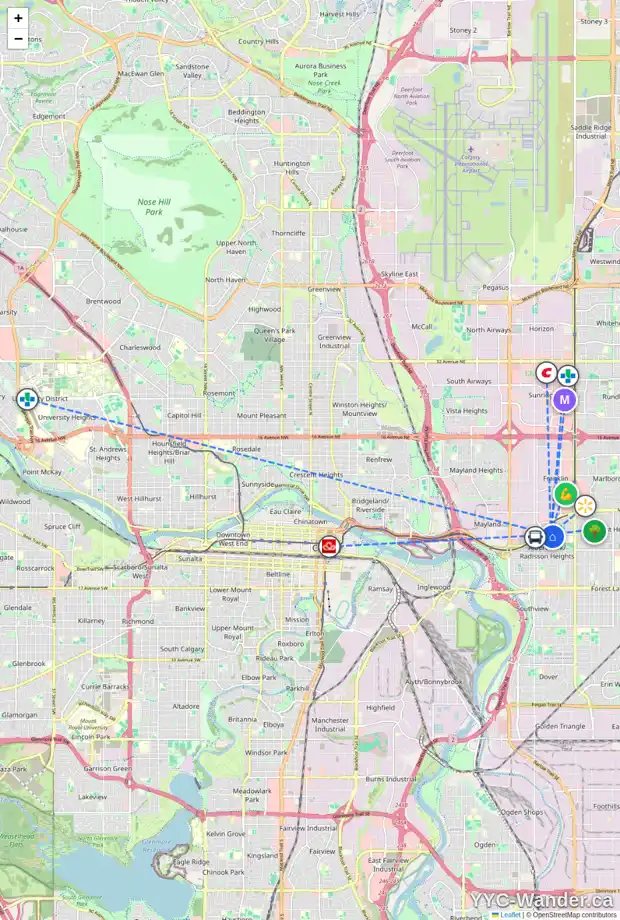 Daily accessibility map for 28 RADCLIFFE CO SE, Calgary showing nearby schools, grocery stores, parks, LRT stations and nearby amenities