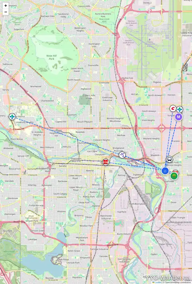 Daily accessibility map for 2632 14 AV SE, Calgary showing nearby schools, grocery stores, parks, LRT stations and nearby amenities